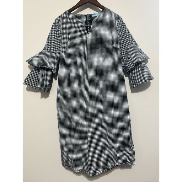 J Mclaughlin Dress Womens Large Black Letty Bell Sleeve Gingham Ruffled Stretch - Picture 1 of 9